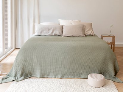 Yumeko Sprei mousseline katoen stitch sage green 100% biologisch katoen (mousseline)