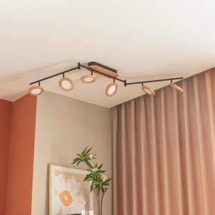 Lindby LED spot Manel, hout, 152 cm lang, 6-lamps