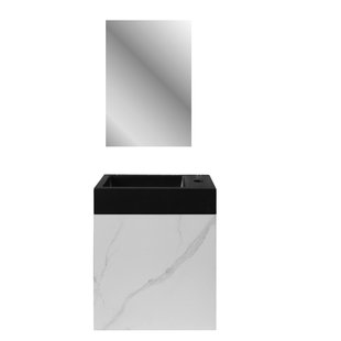 Fonteinset BWS Sona Fonteinkast Wit Marmer Wastafel Mat Zwart en Spiegel Met Omlijsting