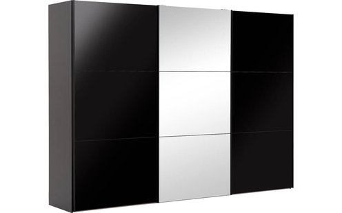 Goossens Kledingkast Easy Storage Sdk, 303 cm breed, 220 cm hoog, 2x 3 paneel glas schuifdeuren en 1x 3 paneel spiegel schuifdeur midden