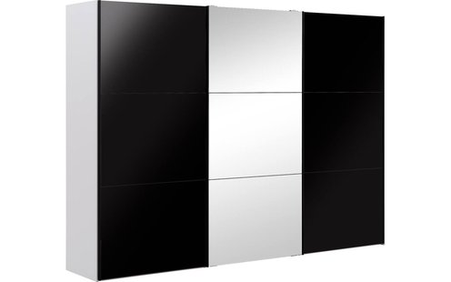 Goossens Kledingkast Easy Storage Sdk, 303 cm breed, 220 cm hoog, 2x 3 paneel glas schuifdeuren en 1x 3 paneel spiegel schuifdeur midden