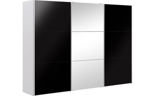Goossens Kledingkast Easy Storage Sdk, 303 cm breed, 220 cm hoog, 2x 3 paneel glas schuifdeuren en 1x 3 paneel spiegel schuifdeur midden