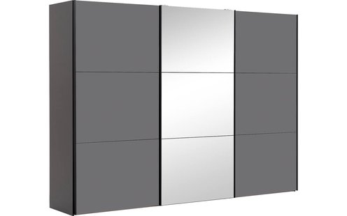 Goossens Kledingkast Easy Storage Sdk, 303 cm breed, 220 cm hoog, 2x 3 paneel glas schuifdeuren en 1x 3 paneel spiegel schuifdeur midden