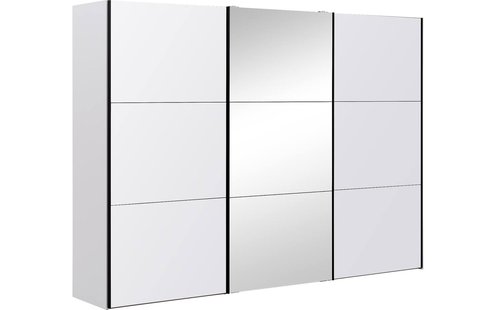 Goossens Kledingkast Easy Storage Sdk, 303 cm breed, 220 cm hoog, 2x 3 paneel glas schuifdeuren en 1x 3 paneel spiegel schuifdeur midden