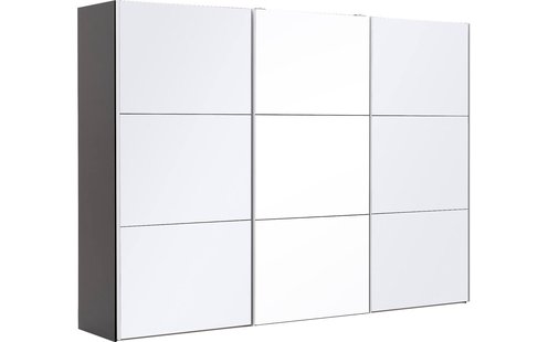 Goossens Kledingkast Easy Storage Sdk, 303 cm breed, 220 cm hoog, 2x 3 paneel glas schuifdeuren en 1x 3 paneel spiegel schuifdeur midden