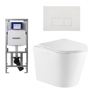 QeramiQ Dely Toiletset - 36.3x51.7cm - diepspoel - rimless - Geberit UP320 inbouwreservoir - met Burda frame - softclose toiletzitting - glans witte bedieningsplaat - rechthoekige knoppen - wit mat SW1000766/0701131/SW706187/SW1026254