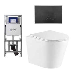 QeramiQ Dely Toiletset - 36.3x51.7cm - diepspoel - rimless - Geberit UP320 inbouwreservoir - met Burda frame - softclose toiletzitting - mat zwarte bedieningsplaat - ronde knoppen - wit glans SW1026255/0701131/SW706192/SW1159504