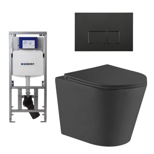 QeramiQ Dely Toiletset - 36.3x51.7cm - diepspoel - rimless - Geberit UP320 inbouwreservoir - met Burda frame - softclose toiletzitting - mat zwarte bedieningsplaat - rechtehoekige knoppen - wit glans SW1026255/0701131/SW706193/SW1159504