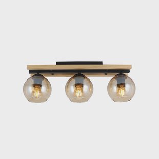 Lindby plafondlamp Enrique, amber, 3-lamps, glas, hout, E27
