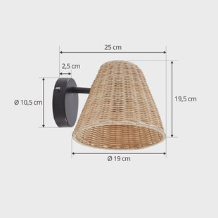 Lindby wandlamp Zyralia, houtkleurig, rotan, 19,5 cm hoog