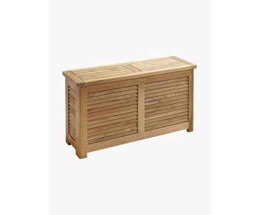 Handgemaakte smalle opbergbank van teakhout