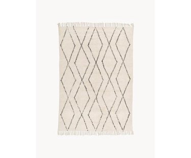 Handgetuft katoenen vloerkleed Bina met ruitjesmotief en franjes