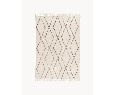 Handgetuft katoenen vloerkleed Bina met ruitjesmotief en franjes