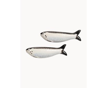 Handbeschilderde zout- &amp; peperstrooier Sardine van dolomiet, 2-delig