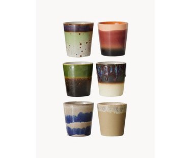 Handbeschilderde bekers 70's met reactief glazuur, set van 6