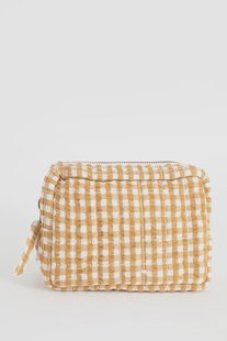 Donkergele geblokte toilettas