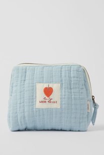 Lichtblauwe toilettas met tekst