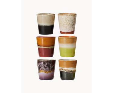 Handbeschilderde bekers 70's met reactief glazuur, set van 6