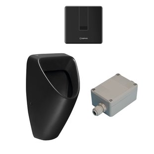 Urinoir Set Sapho Schwarn Met Elektronische Drukplaat en Afvoer Zwart