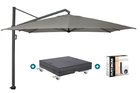 Platinum Icon T1 Zweefparasol - 4x3m. - Manhattan Grey met voet en hoes Platinum Icon T1 Zweefparasol - 4x3m. - Manhattan Grey met voet en hoes