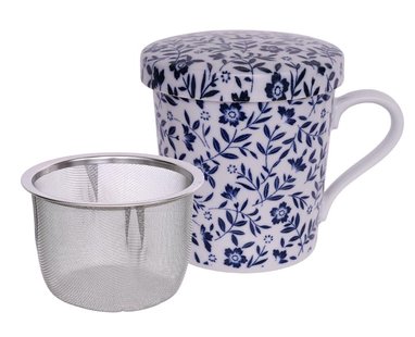 Blauw/Witte Theemok met Roestvrij Stalen Zeef - The Oriental Shop