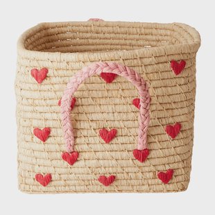 RICE Rice raffiamand met handvat 30x30 cm Red hearts RICE Rice raffiamand met handvat 30x30 cm Red hearts