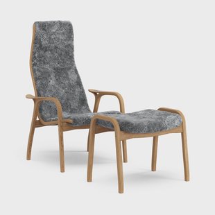 Swedese Lamino fauteuil en voetenbankje geolied eiken/schapenvacht Scandinavian Grey (grijs)
