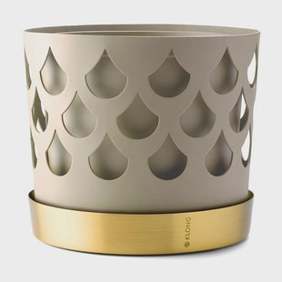 KLONG Trio Drop bloempot beige met schotel van messing Medium Ø18 cm
