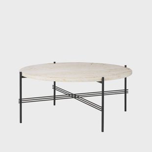GUBI TS Round Salontafel natural white travertine, ø80, zwart onderstel