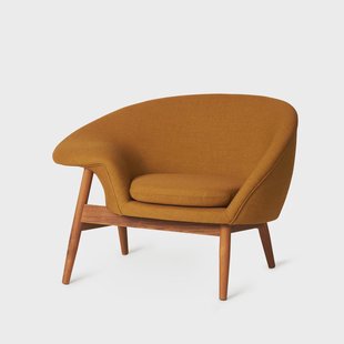 Warm Nordic Fried Egg Fauteuil stof canvas 424 dark ochre, geoliede teakhouten poten