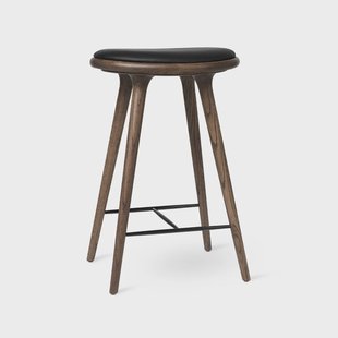 Mater Mater high stool barkruk hoog 74 cm leer zwart, donkergebeitst eikenhouten onderstel