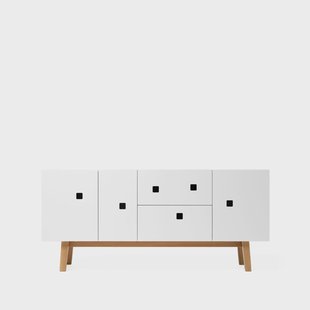 Zweed Peep M2 tv-meubel wit, retro, eikenhouten onderstel Zweed Peep M2 tv-meubel wit, retro, eikenhouten onderstel