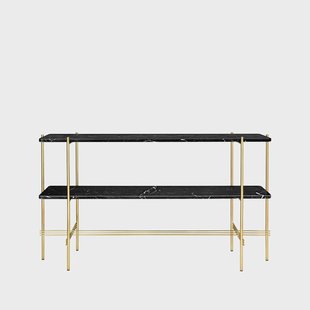 GUBI TS Console bijzettafel 120x30x72 cm black marquina marble, messing onderstel, 2 marmeren planken