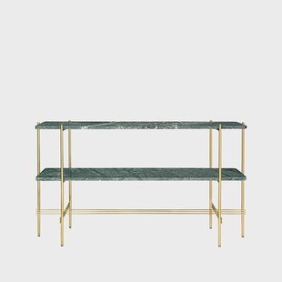 GUBI TS Console bijzettafel 120x30x72 cm green guatemala marble, messing onderstel, 2 marmeren planken GUBI TS Console bijzettafel 120x30x72 cm green guatemala marble, messing onderstel, 2 marmeren planken