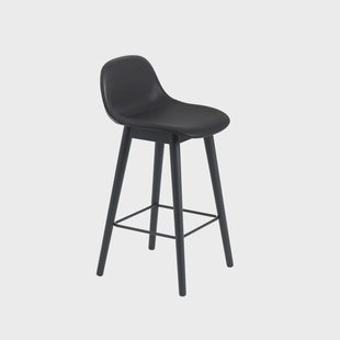 Muuto Fiber barkruk met ruggensteun 75 cm Leer black-zwarte poten