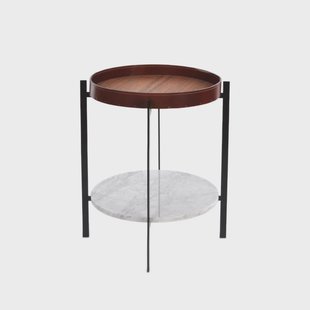 OX Denmarq Deck dienbladtafel teak, zwart onderstel, plank van wit marmer