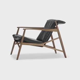 Stolab Link loungefauteuil zwart leer-naturel geolied eikenhout-zwart canvas