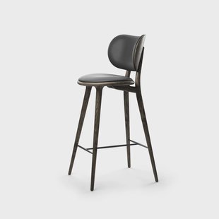 Mater Mater High Stool Backrest barkruk laag leer zwart, sirka grey eikenhouten onderstel