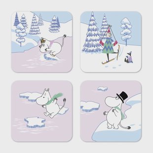 Opto Design Moomin glasonderzetter winter 2022 9x9 cm 4-pack Blauw-wit-roze