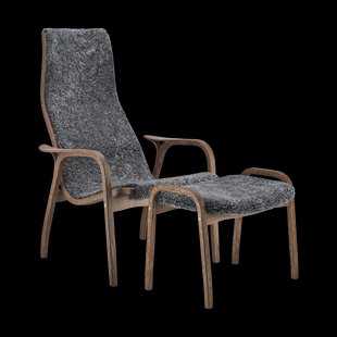 Swedese Lamino fauteuil en voetenbank eik/schapenvacht Special Edition Rubio Monocoat Chocolate-Charcoal