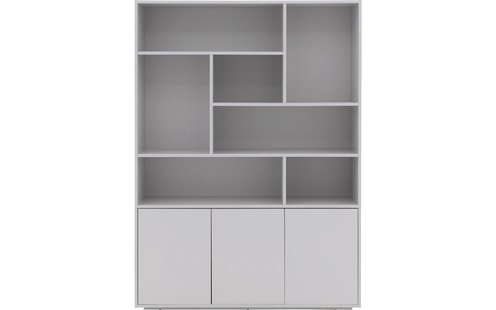 Goossens Basic Buffetkast Madrid, 3 dichte deuren 7 open vakken, grijs melamine, 139 x 191 x 45 cm, elegant chic