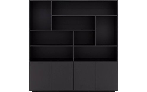 Goossens Basic Buffetkast Madrid, 4 dichte deuren 8 open vakken, zwart melamine, 184 x 191 x 45 cm, elegant chic