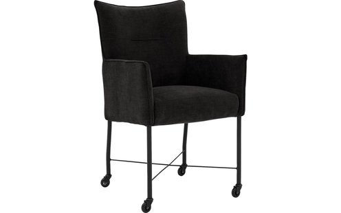 Goossens Eetkamerstoel Erik antraciet stof met armleuning en met wielenmet skaterwielen, modern design