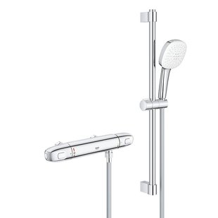 GROHE Grohtherm 1000 Doucheset - thermostatische douchekraan - HOH=12cm - met glijstangset - 60cm - vierkante handdouche - 2 straalsoorten - gladde doucheslang - chroom 34822005
