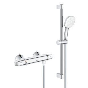GROHE Grohtherm 1000 Doucheset - thermostatische douchekraan - met rozetten - met glijstangset - 60cm - vierkante handdouche - 2 straalsoorten - gladde doucheslang - chroom 34820005