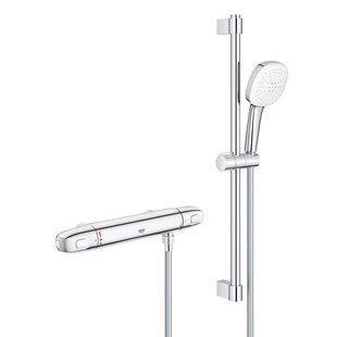 GROHE Grohtherm 1000 Doucheset - thermostatische douchekraan - HOH=15cm - met glijstangset - 60cm - vierkante handdouche - 2 straalsoorten - gladde doucheslang - chroom 34819005
