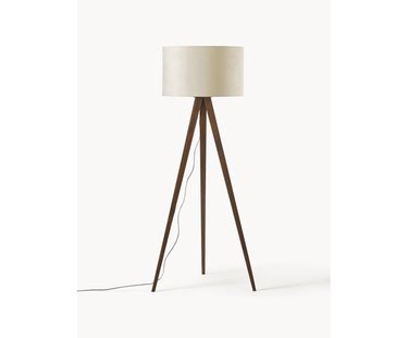 Tripod vloerlamp Jake van massief hout met fluwelen lampenkap