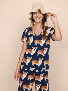 Corgi Navy V-neck T-shirt Dames