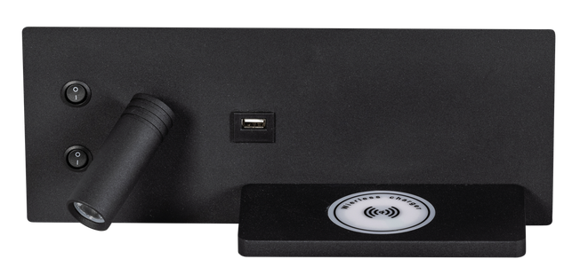 ETH Nighty Left - wandlamp met  dubbele schakelaar en USB en draadloos opladen - 30 x 3 x 12 cm - 7W LED incl. - zwart