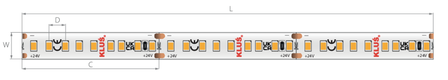 KLUS LED strip - 1cm breed, 500cm lengte - 24Vdc - dimbaar - 4,8W LED per meter - 180 LEDs per meter - IP20 - 3000K
